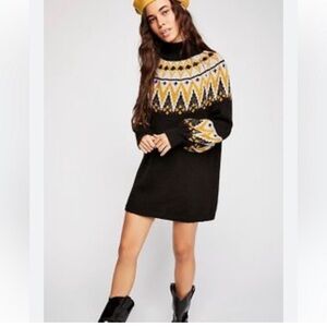 Free People Black Sweater Mini Dress with Yellow Fair Isle